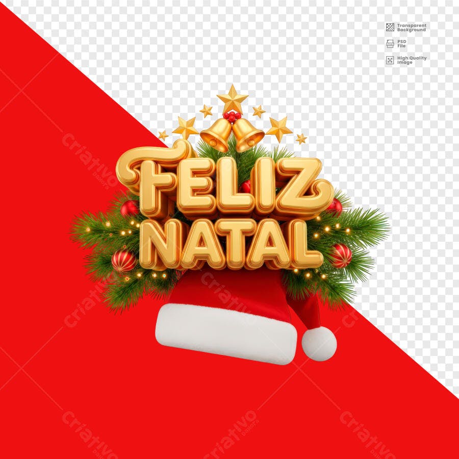 Selo 3D de saudação natalina Feliz Natal dourado metálico e verde festivo