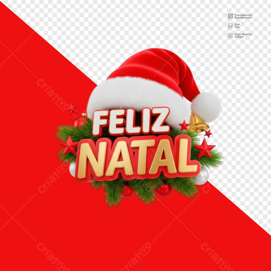 Selo 3D decorativo de Feliz Natal dourado vermelho verde com gorro Papai Noel