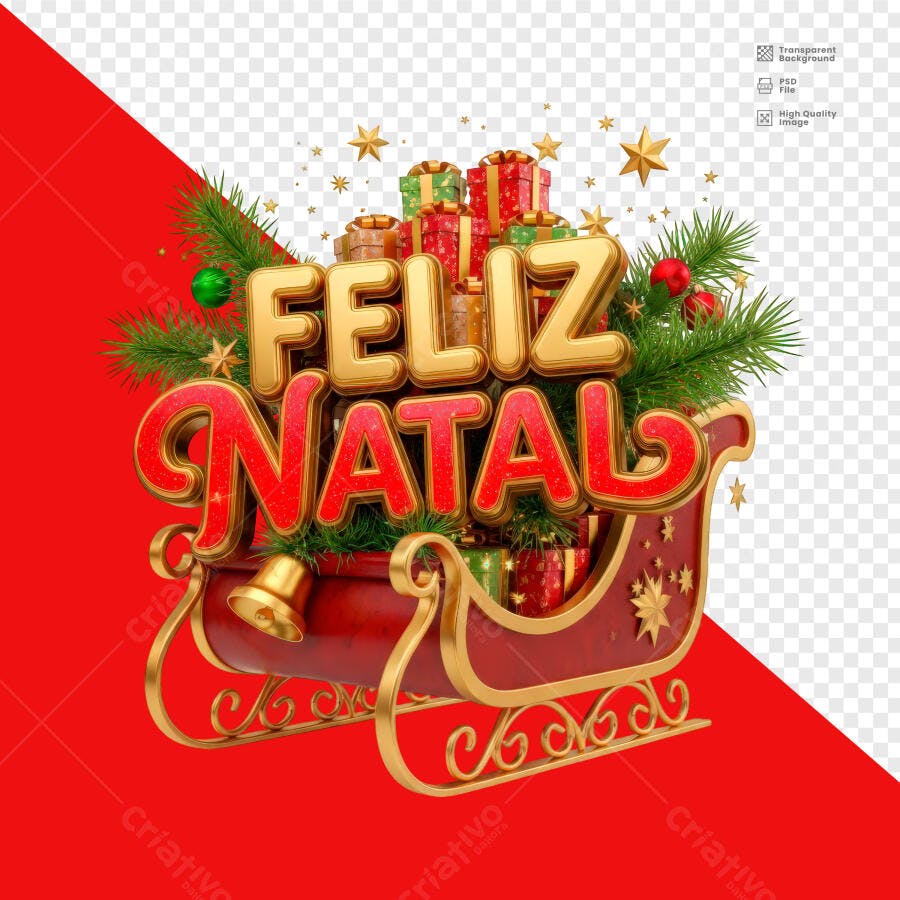 Selo 3D de decoração natalina dourado vermelho brilhante com trenó presentes