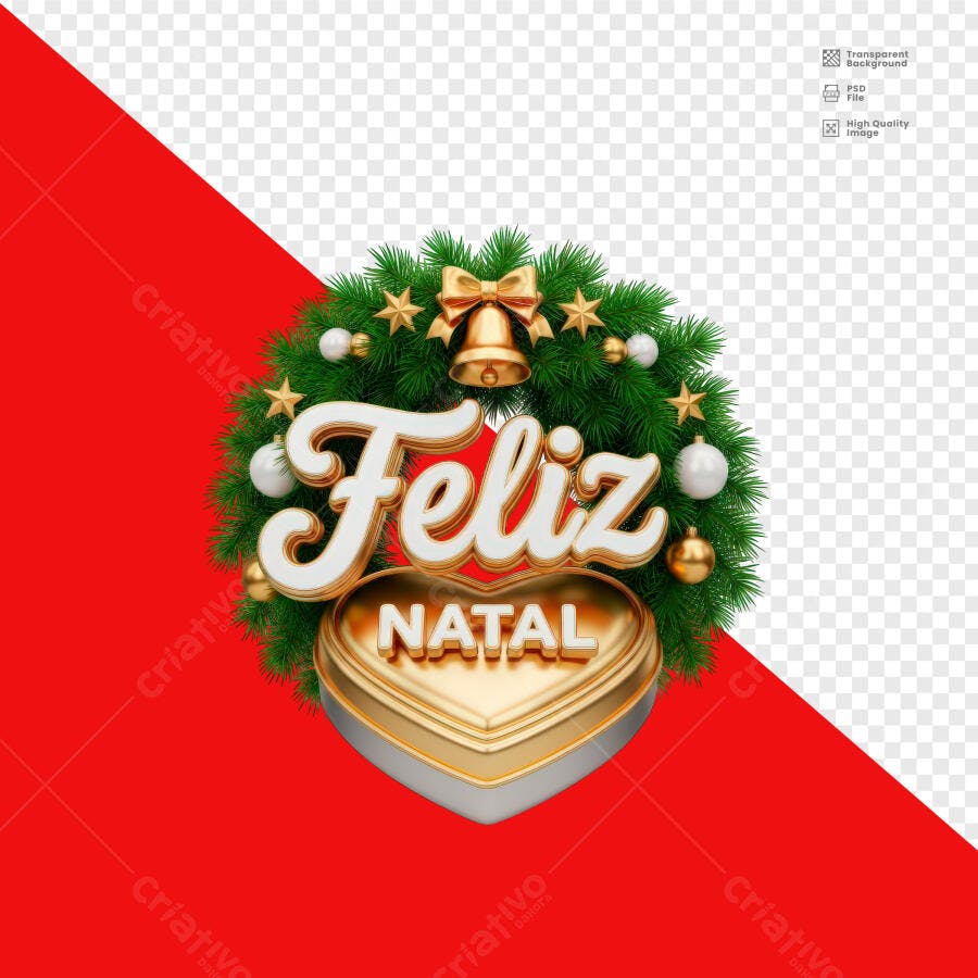 Selo 3D de celebração natalina dourado e verde com guirlanda festiva