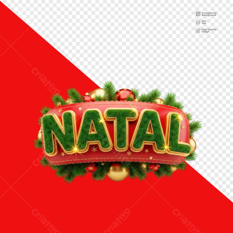 Selo 3D de Natal festivo vermelho dourado com letras verdes e pinhas