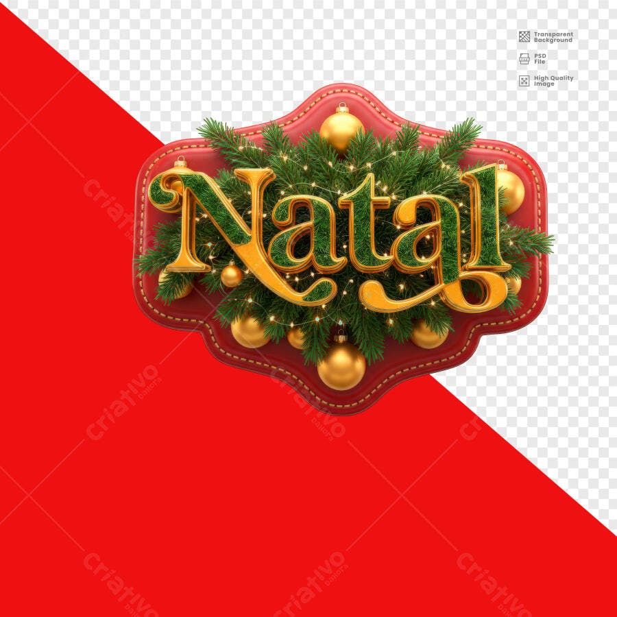Selo 3D natalino dourado com ramos pinheiro e bolas de Natal vermelho e verde