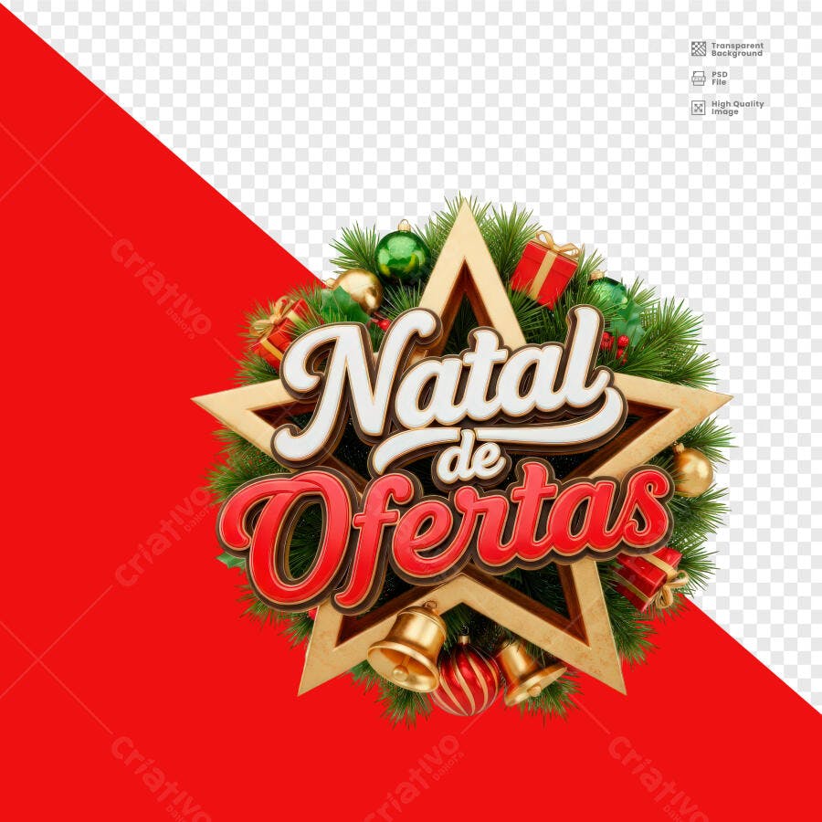 Selo 3D de promoção Natal de Ofertas estrela dourada metalizada festiva