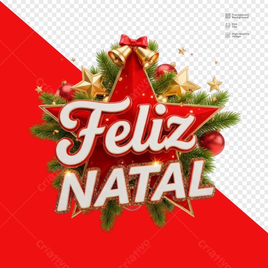 Selo 3D de Natal festivo estrela vermelha com Feliz Natal dourado e verde