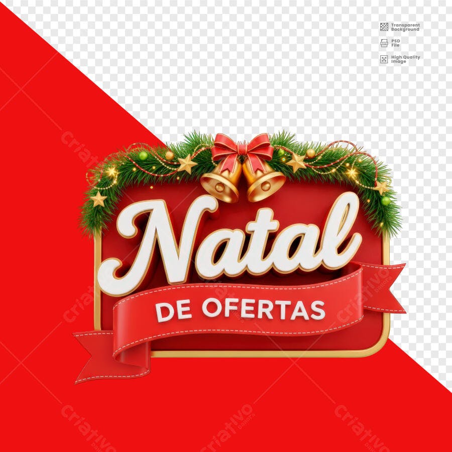 Selo 3D de oferta Natalina dourado vermelho com guirlanda festiva brilhante