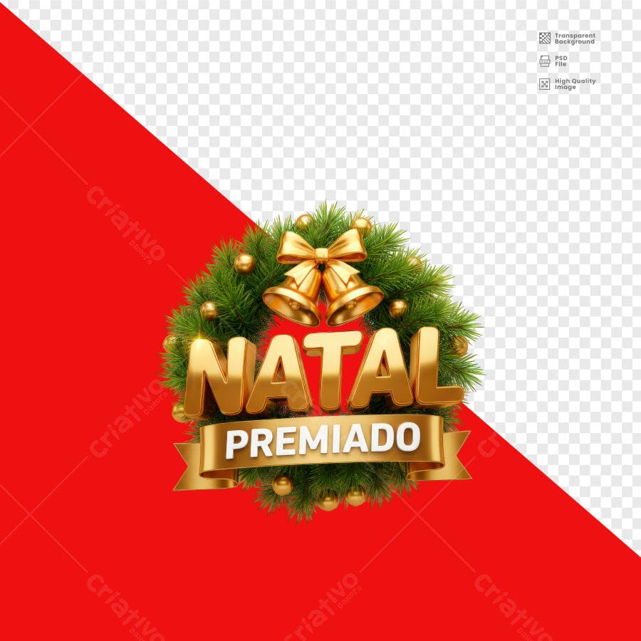 Selo 3D de premiação Natal dourado metalizado com guirlanda festiva