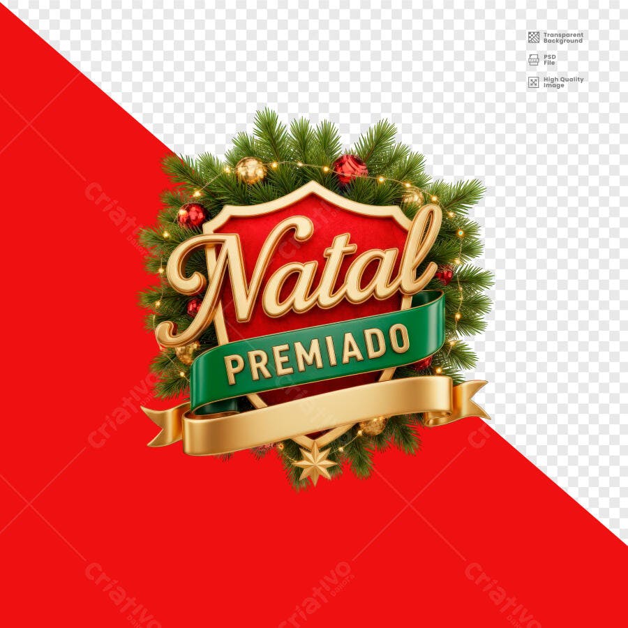 Selo 3D de premiação Natal Premiado luxuoso dourado e verde