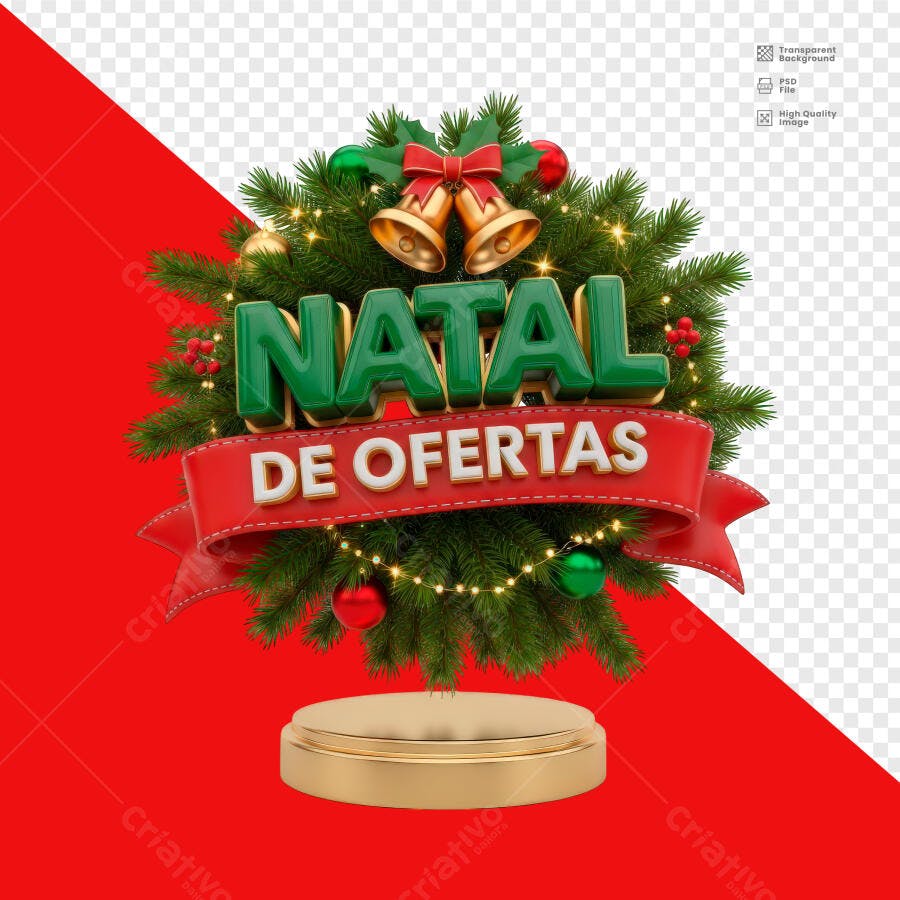 Selo 3D de oferta Natalina com guirlanda verde sinos dourados e fita vermelha