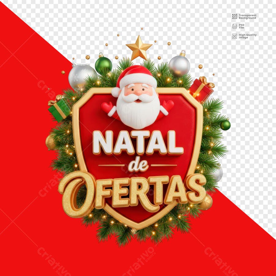 Selo 3D de ofertas de Natal metalizado dourado vermelho com Papai Noel e presentes