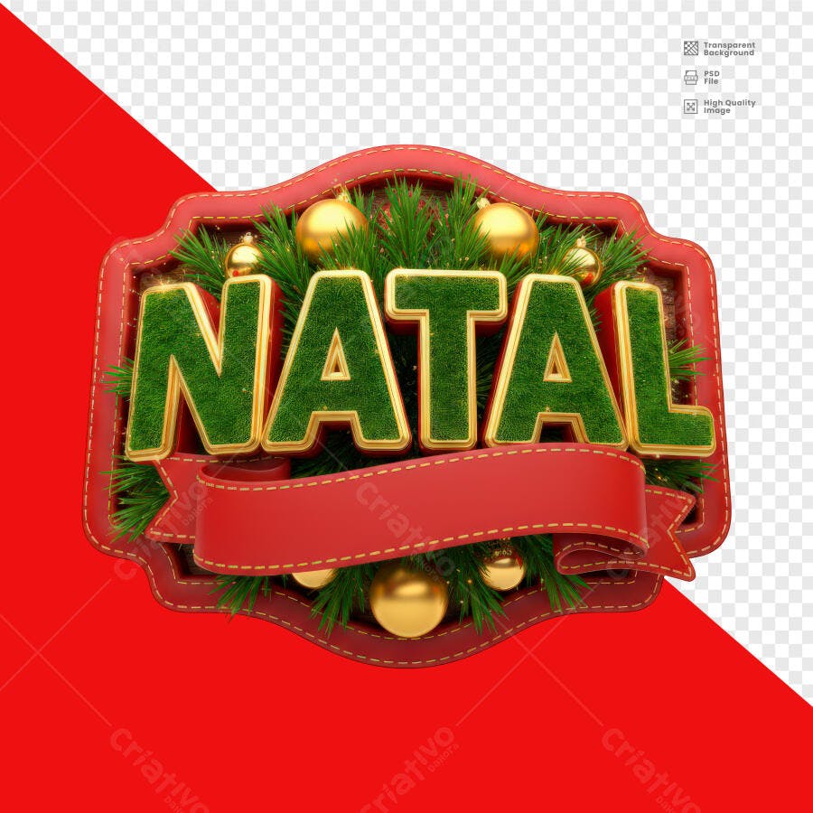 Selo 3D festivo natalino vermelho verde letras douradas pinhas e bolas brilhantes