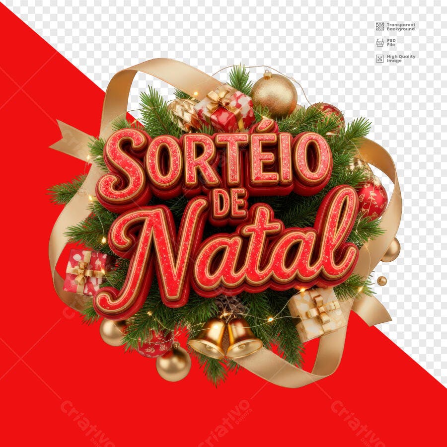 Selo 3D Sorteio de Natal festivo vermelho dourado com adornos brilhantes