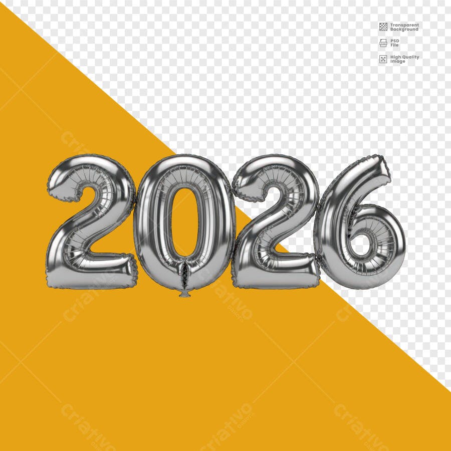 Selo 3D de celebração 2026 metalizado prateado balão cromado