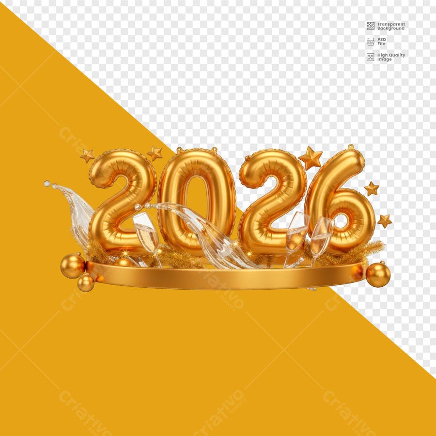 Selo 3D de Ano Novo 2026 dourado metálico com taças e estrelas