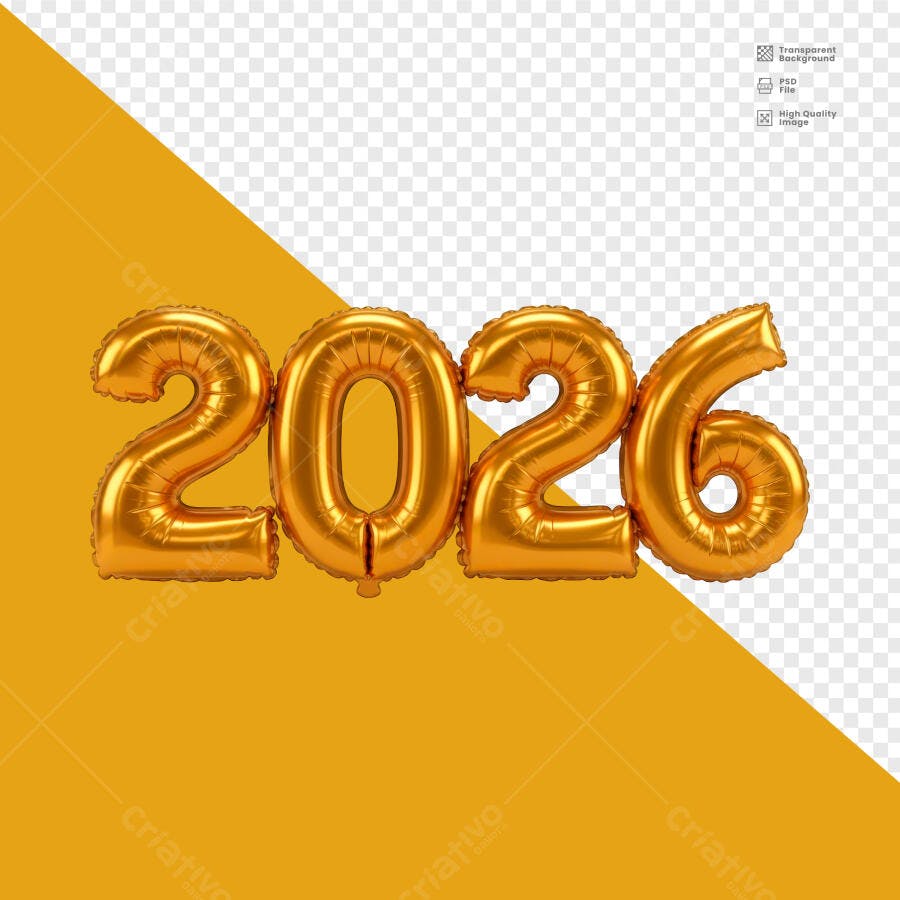 Selo 3D Comemorativo 2026 Balão Metalizado Dourado Festivo