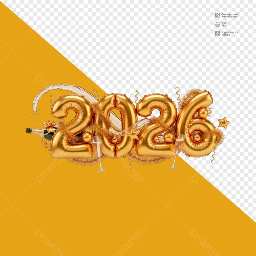 Selo 3D de Celebração Ano Novo 2026 dourado metalizado e balões festivos