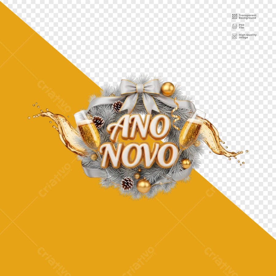 Selo 3D de celebração Ano Novo festivo metalizado dourado e prata