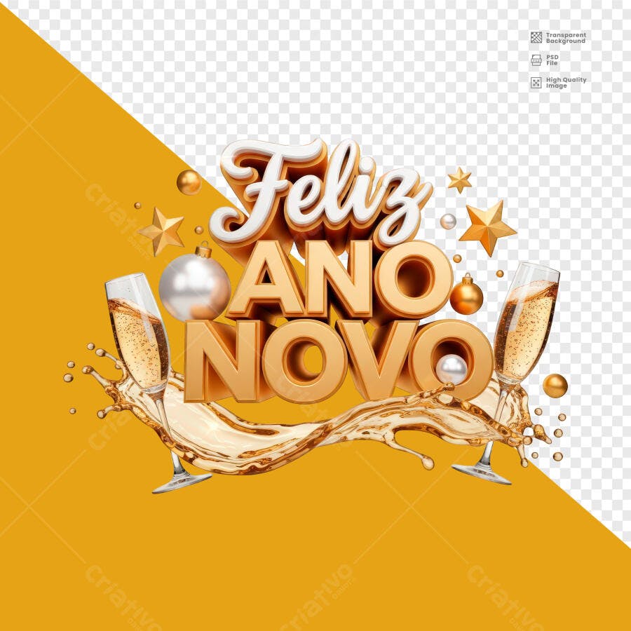 Selo 3D de Feliz Ano Novo festivo metalizado dourado branco com champanhe