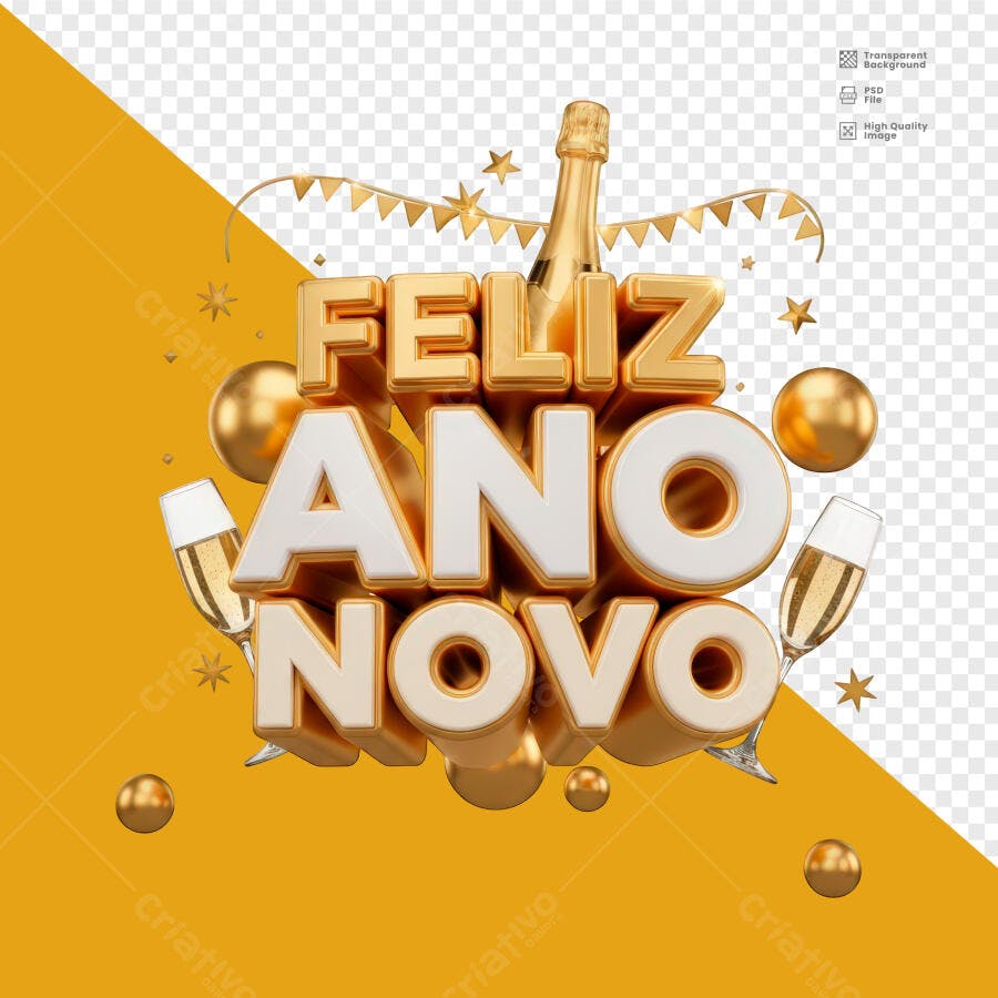 Selo 3D de celebração Ano Novo metalizado dourado e branco com garrafa champanhe