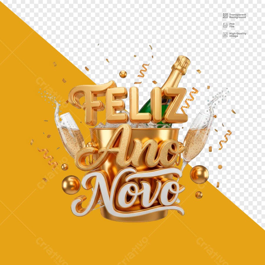 Selo 3D comemorativo Feliz Ano Novo dourado metalizado e branco