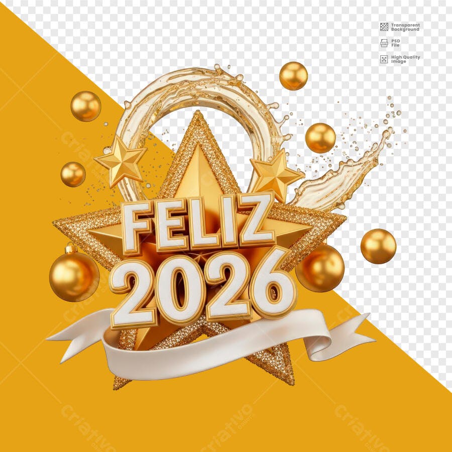 Selo 3D de celebração Ano Novo Feliz 2026 dourado com glitter e splash