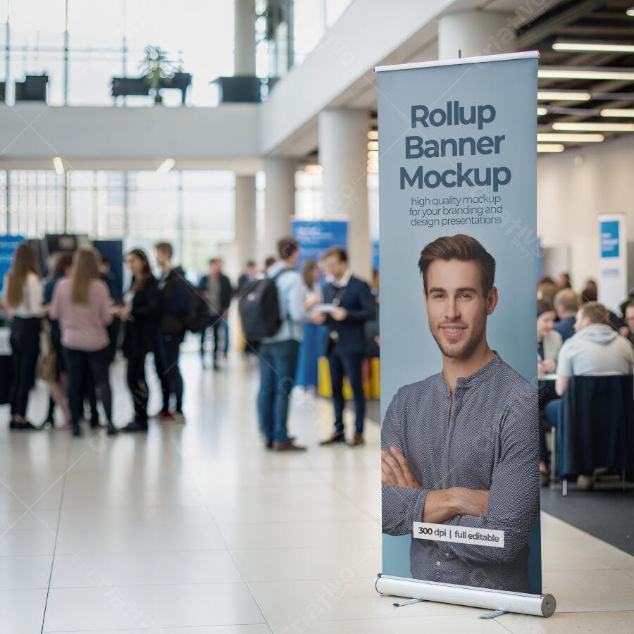 Mockup Realista Rollup Banner Evento Corporativo com Homem Jovem Sorrindo Fundo Azul