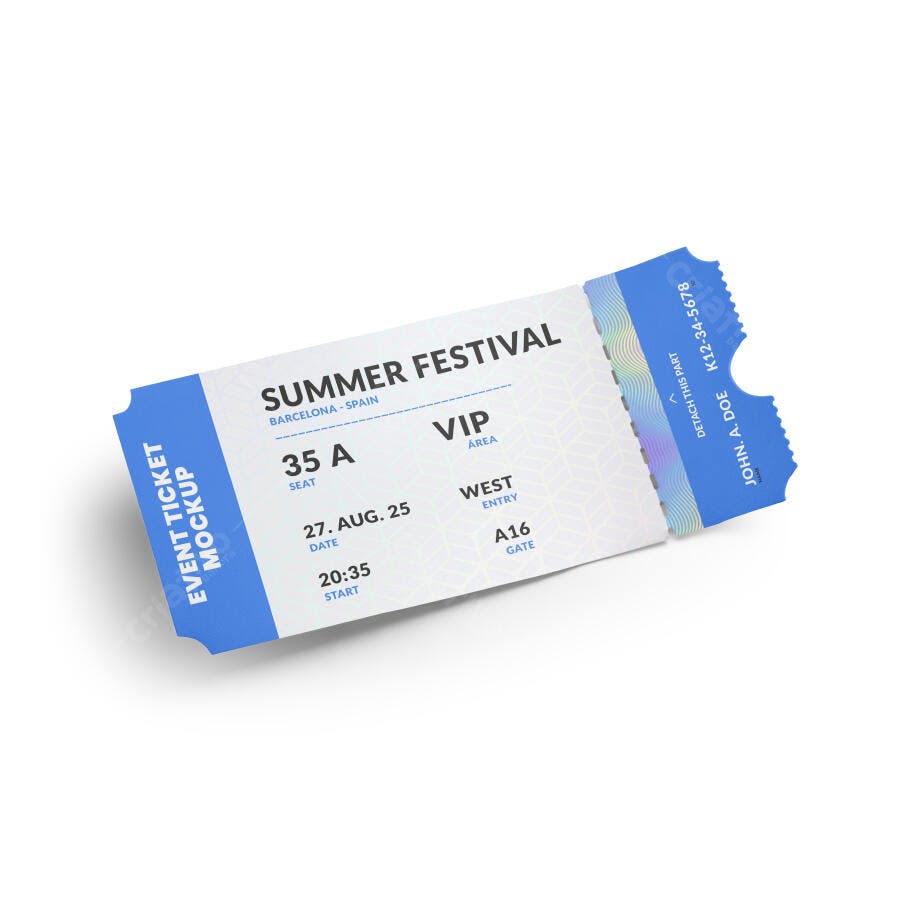 Mockup de Ingresso de Festival VIP Azul e Branco Realista