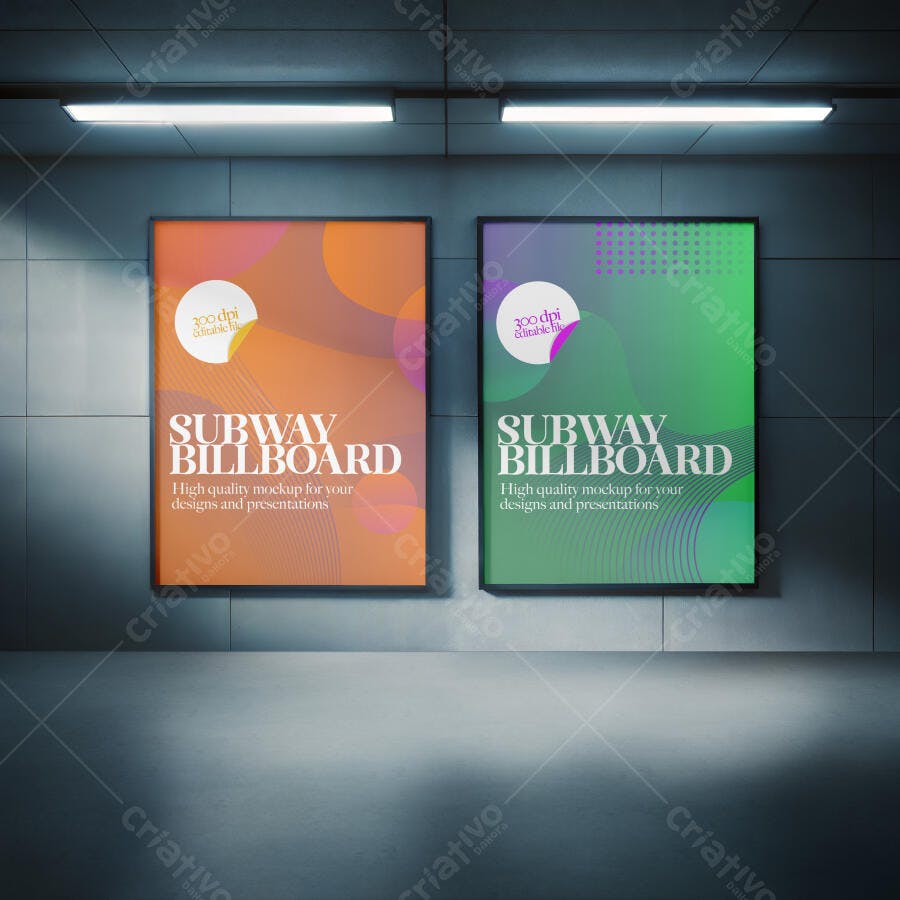Mockup Painel Publicitário Duplo Metrô Laranja Verde Abstrato Realista Luzes