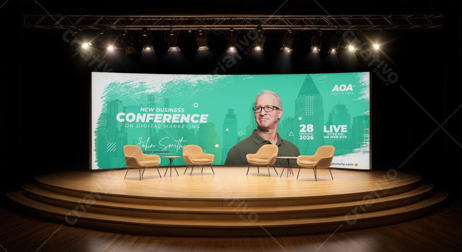 Mockup Palco de Evento Corporativo com Telão Curvo Verde Moderno e Palestrante Sênior