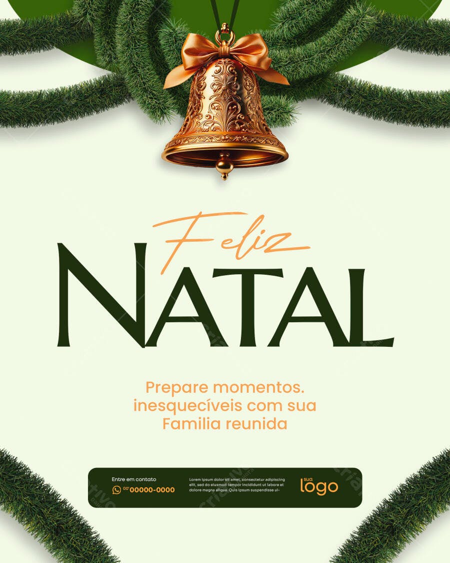 Flyer Feliz Natal com Sino Dourado e Família PSD Editável