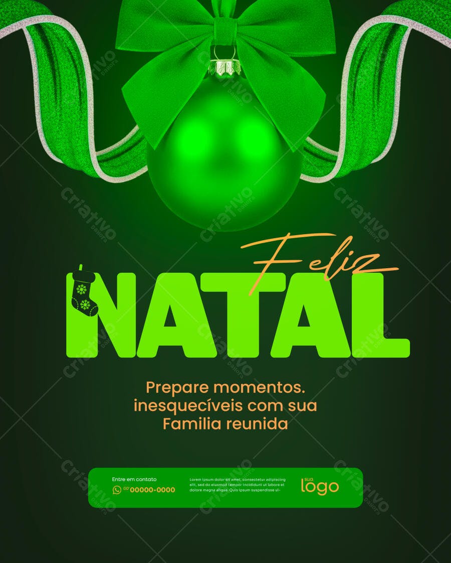 Flyer Digital Feliz Natal com Enfeite Verde PSD Editável