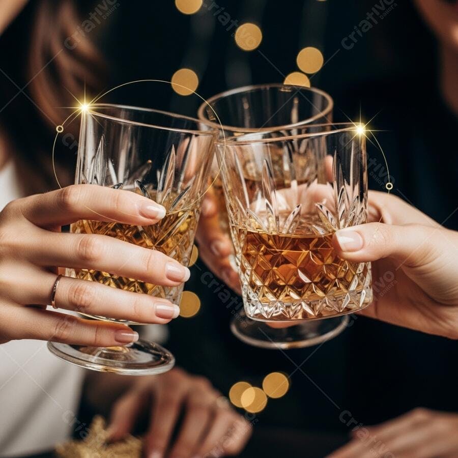 Mãos brindando com copos de whisky em festa com luzes bokeh douradas