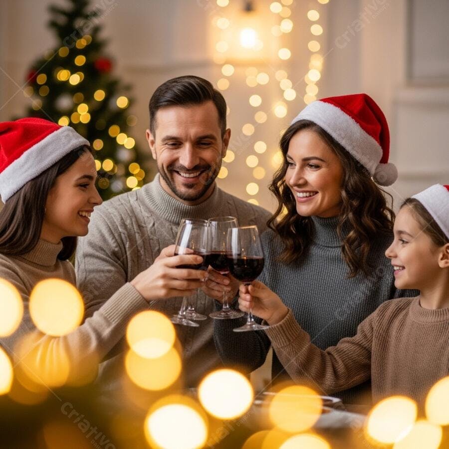 Família feliz brindando com vinho no Natal com gorros de Papai Noel