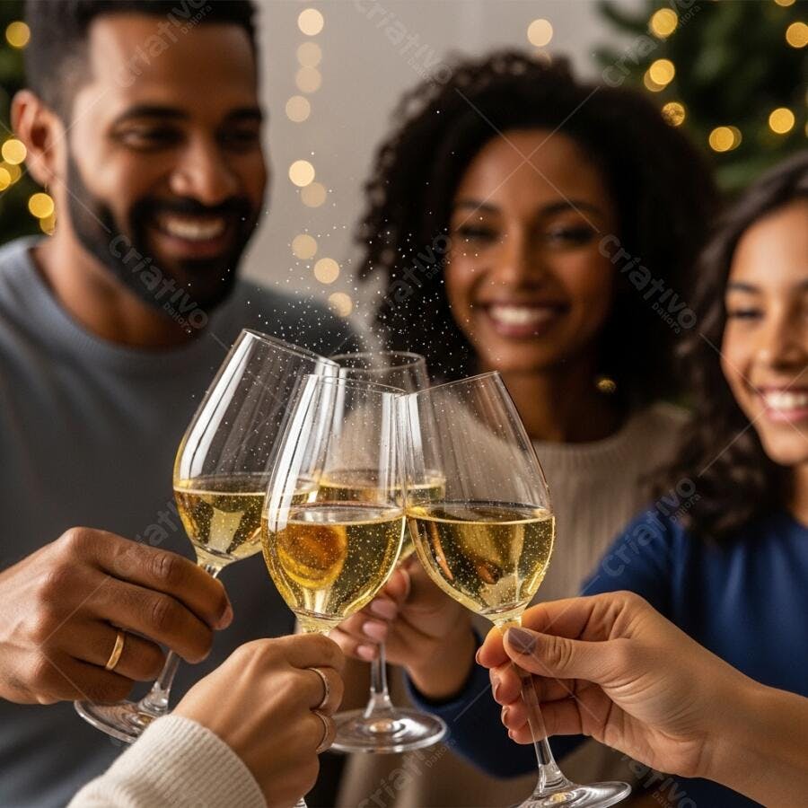 Amigos multirraciais sorrindo brindam com champanhe em festa dourada