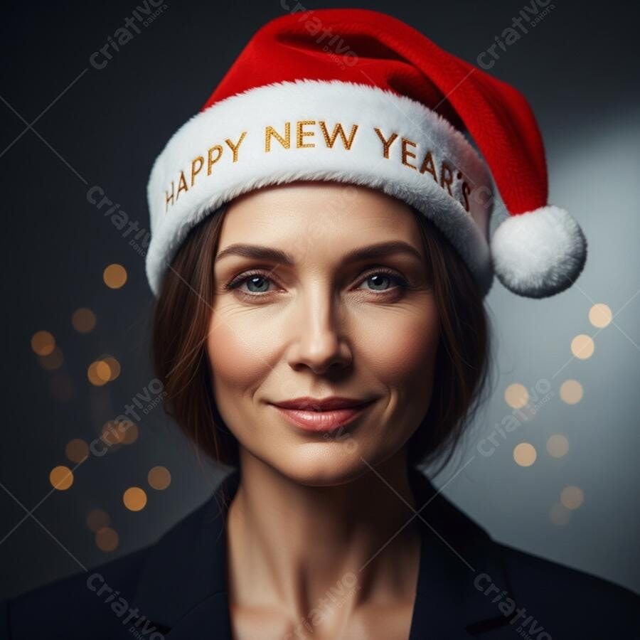 Mulher sorridente com chapéu de Papai Noel Happy New Year's em fundo bokeh dourado