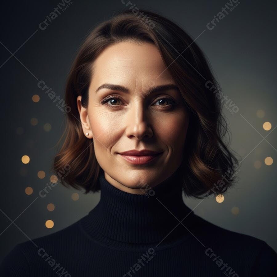 Mulher caucasiana sorrindo com suéter preto em fundo bokeh dourado