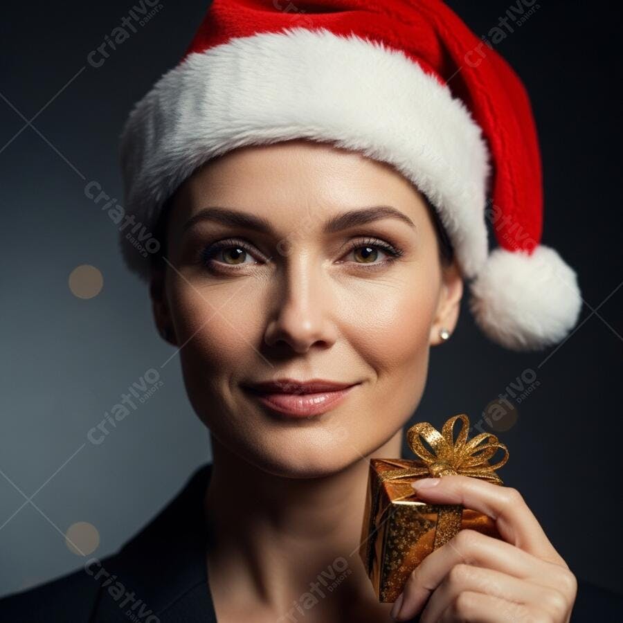 Mulher sorridente com chapéu de Papai Noel segurando presente dourado de Natal