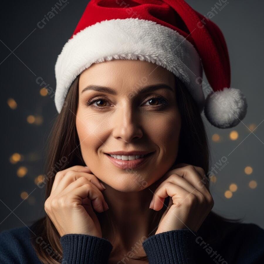 Mulher caucasiana sorrindo com chapéu de Papai Noel em fundo festivo