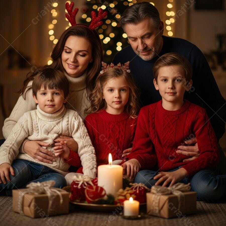 Família caucásica feliz com filhos celebrando Natal com suéteres vermelhos e luzes quentes