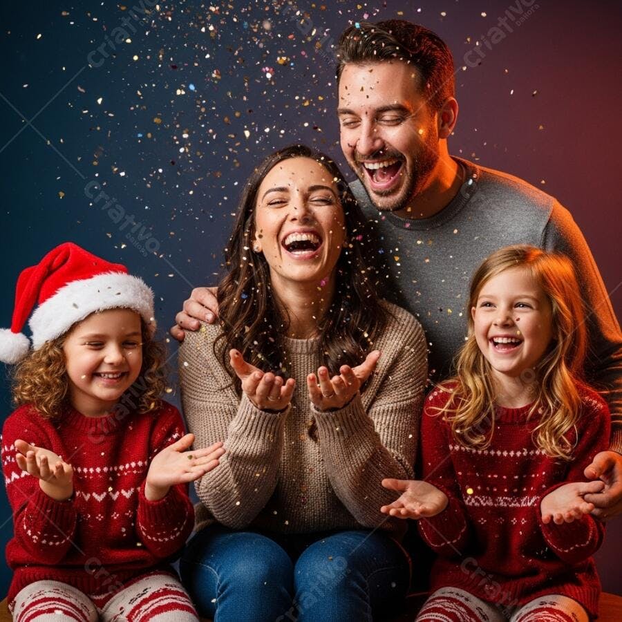 Família caucasiana com duas filhas rindo e brincando com confetes de Natal