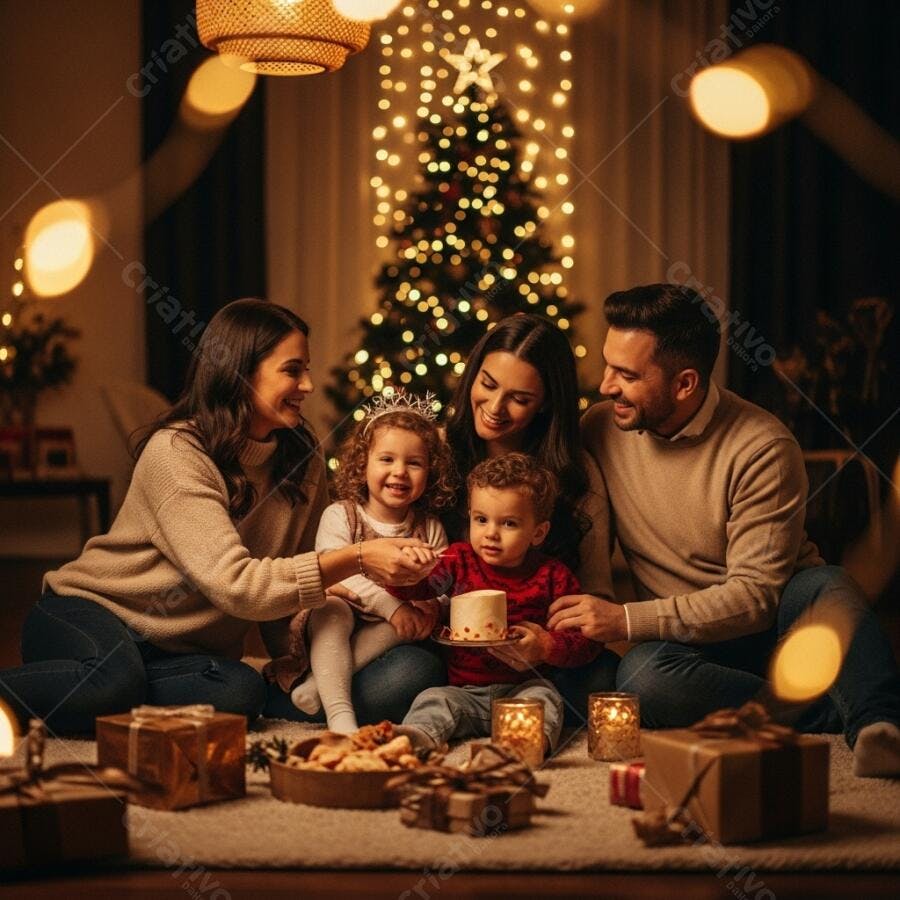 Família feliz caucasiana celebrando Natal com presentes em sala aconchegante