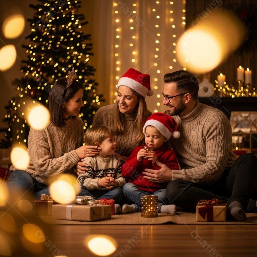 Família feliz caucasiana celebrando o Natal em casa com luzes e presentes