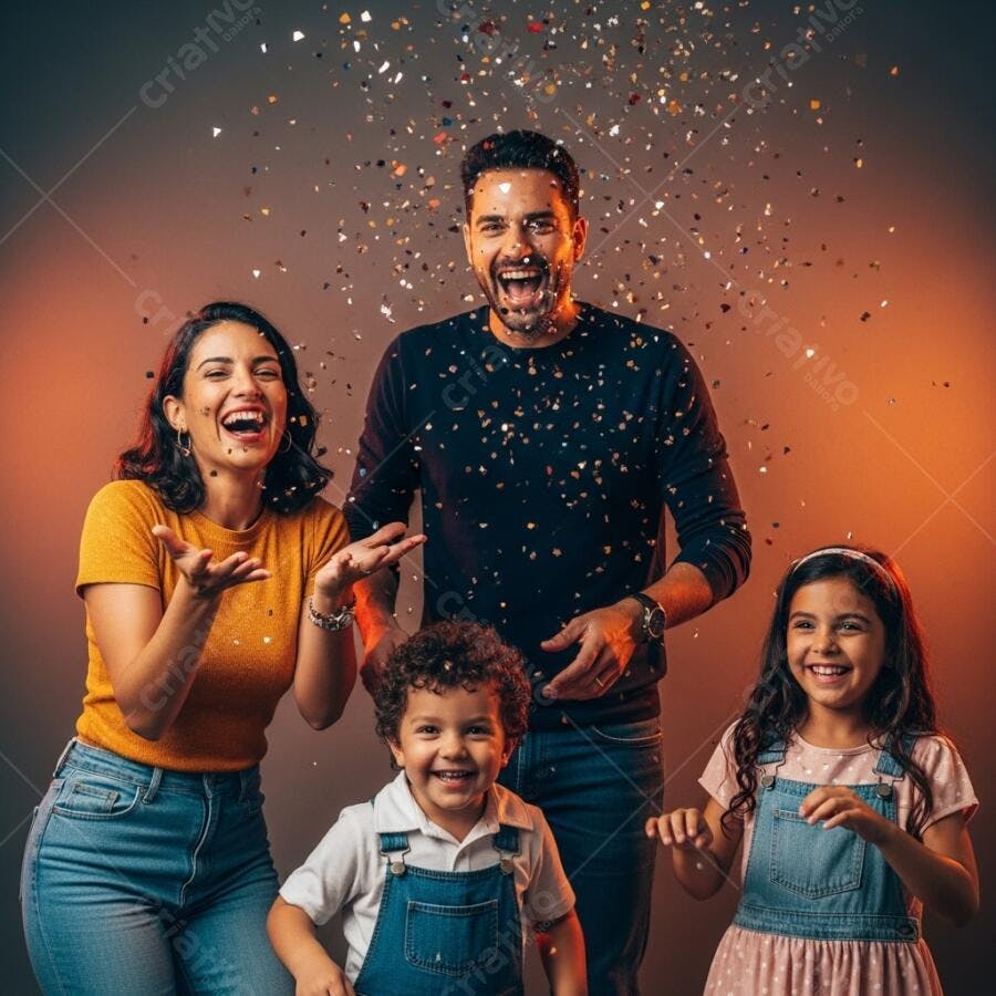 Família latina feliz em celebração com chuva de confete dourado