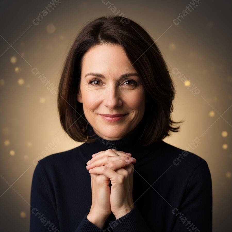 Mulher sorridente com suéter azul escuro e mãos juntas em fundo bokeh dourado