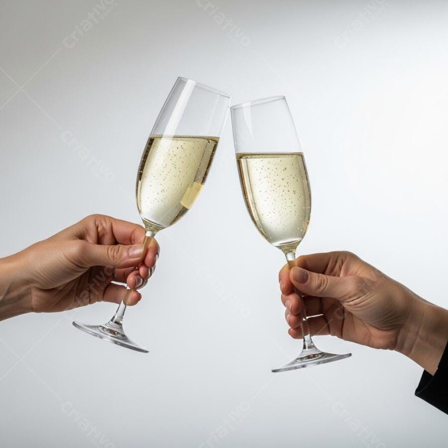 Duas mãos brindando com taças de champanhe dourado em celebração festiva