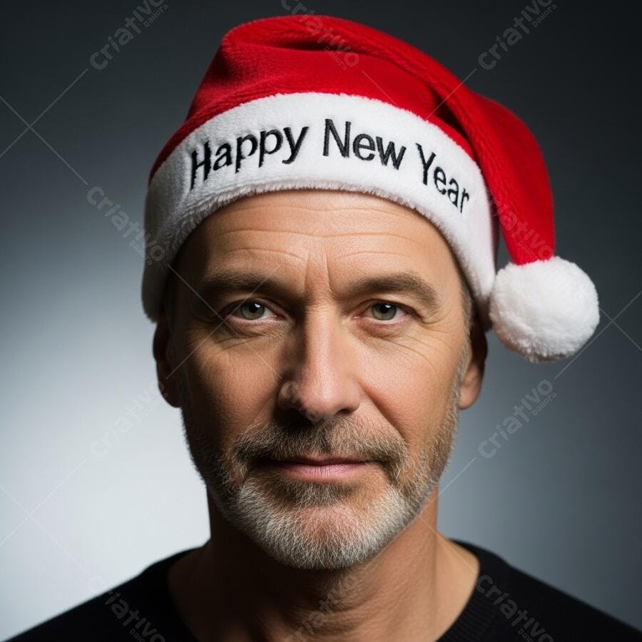 Homem caucasiano de meia idade com gorro vermelho Happy New Year em estúdio