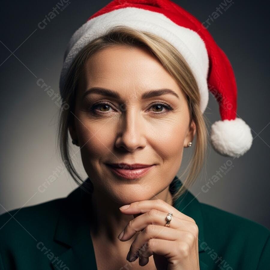 Mulher loira sorrindo com chapéu de Papai Noel blazer verde festivo