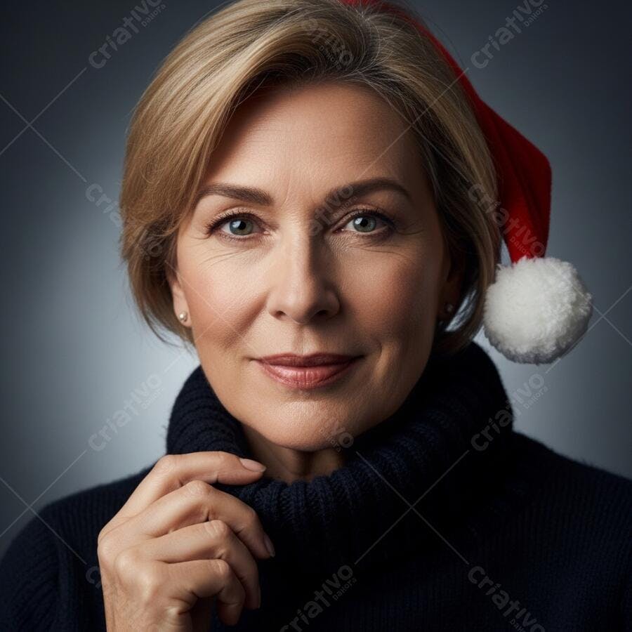 Mulher caucasiana loira de meia-idade com chapéu de Papai Noel e suéter azul marinho sorrindo