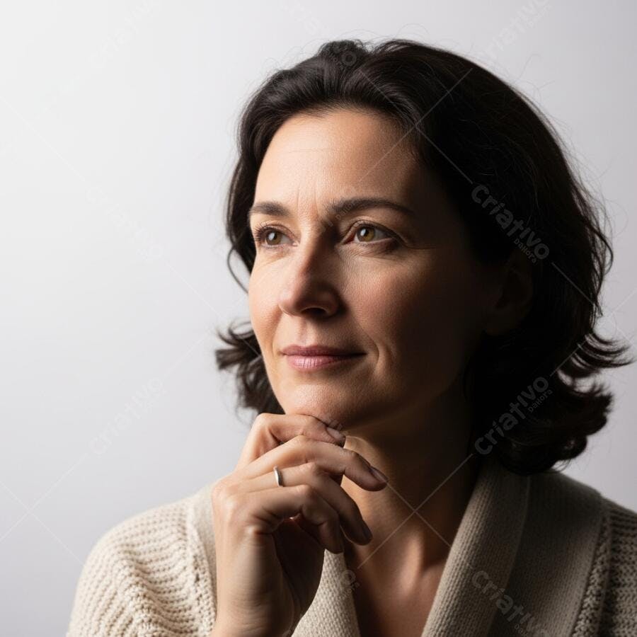 Mulher adulta sorriso sutil pensativa em suéter bege claro