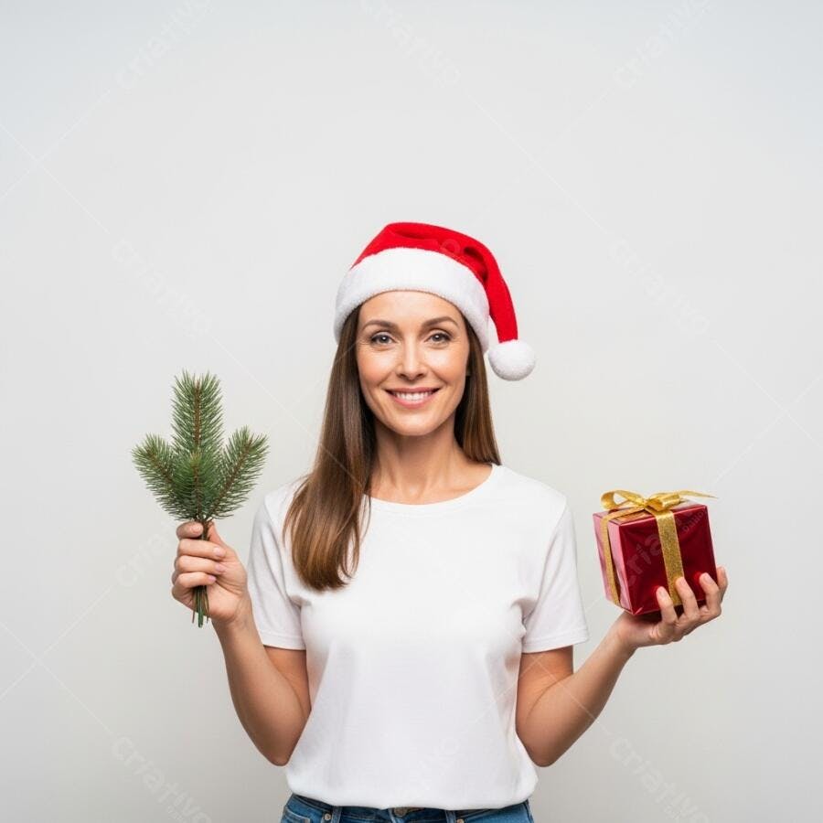 Mulher sorridente com chapéu de Papai Noel segurando um presente de Natal e ramo de pinheiro
