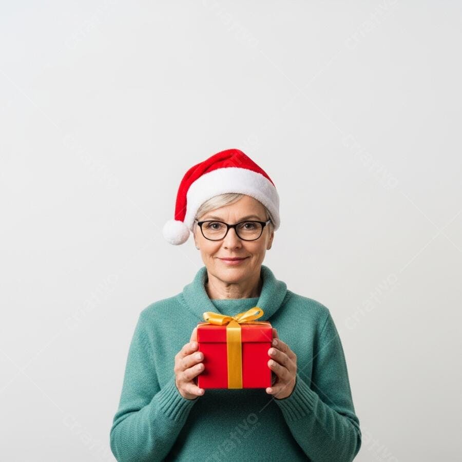 Mulher idosa sorrindo com gorro de Papai Noel e presente vermelho festivo